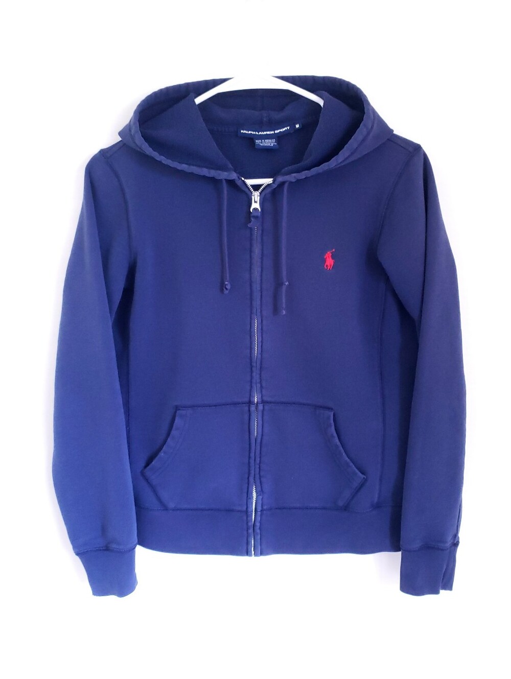 Vintage Y2K  Ralph Lauren Navy Zip Hoodie with Red Pony Women's M